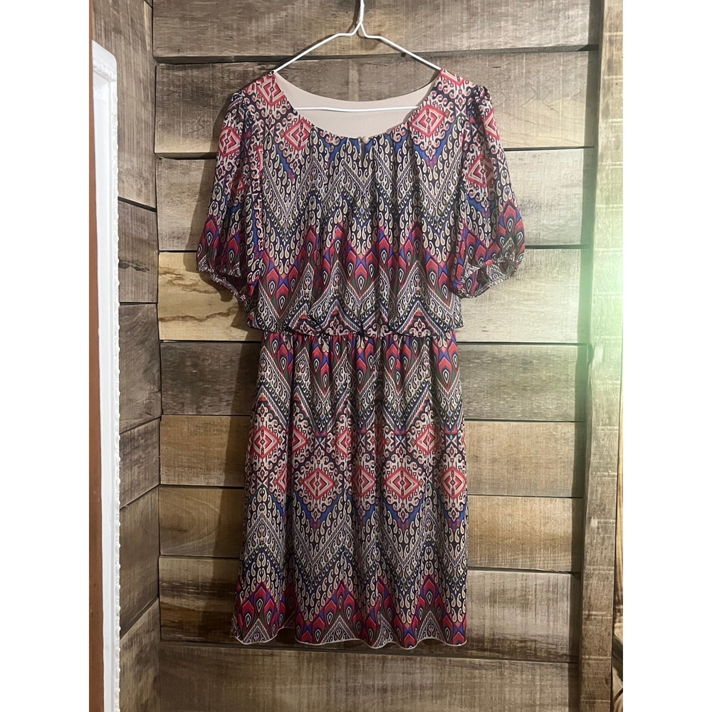 Boho Geometric Ikat Print Elastic Waist Short Sleeve Blouson Dress Multi-Color